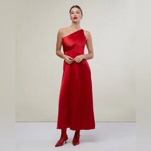 RACHEL PARCELL Satin Classic One Shoulder Slit Midi Dress Cherry Red